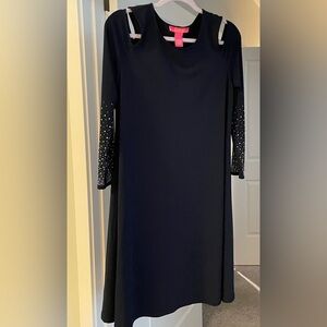 Navy blue dress with jeweled sleeves and cold shoulder design. Size Large